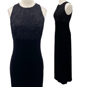 Vintage 90s Beaded Velvet Burnout Maxi Dress Gown High Neck Empire Waist Black 2